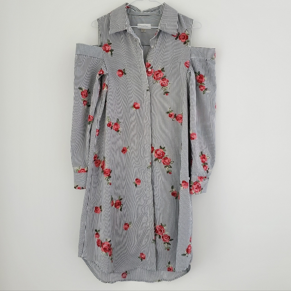 CALVIN KLEIN Black & White Striped Cold Shoulder Shirt Dress & Embroidered Roses